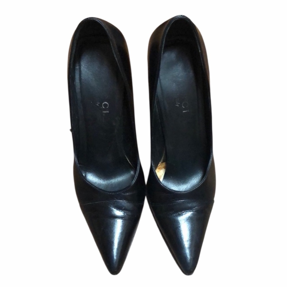 GUCCI Black Leather Pumps with Wood Detail Heels